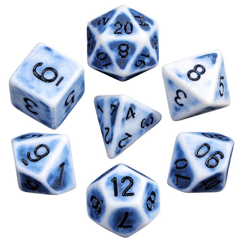 Kockakészlet Retro színű műanyag kocka fekete kék narancssárga 7db/szett DND társasjáték szórakoztató kiegészítőkhöz