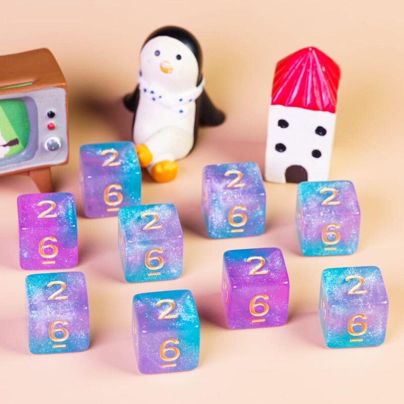 Poludie 10 buc. D6 Galaxy Nebula zaruri cu husă Set durabil cu sclipici D6 pentru jocuri de rol de masă bară zaruri RPG