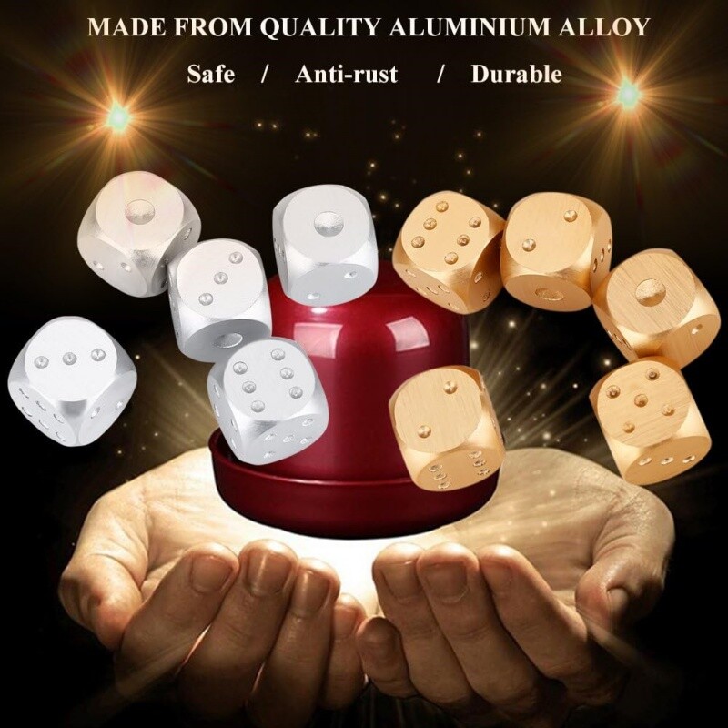 5 ks presných hliníkových kociek s krabicou, domino, hra, kemping, poker, KTV, bar, párty, rekvizity, sada kociek, masívny kov, strieborno-zlatý