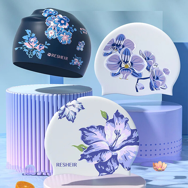 Pălărie de înot din silicon, șepci de înot pentru femei, rezistente la apă, protecție pentru urechi, confortabilă, pentru păr lung, accesorii pentru piscină cu imprimeu marino.
