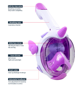 Μάσκα κατάδυσης με αναπνευστήρα για παιδιά Μάσκα κατάδυσης για ολόκληρο το πρόσωπο με πανοραμική θέα 180° Μακρύτερος σωλήνας εξαερισμού Αδιάβροχο κατά της ομίχλης κατά των διαρροών