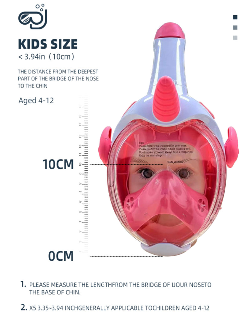Maska za ronjenje Dječja maska za ronjenje s punim licem i panoramskim pogledom od 180°, dužom ventilacijskom cijevi, vodootporna, protiv zamagljivanja, protiv curenja