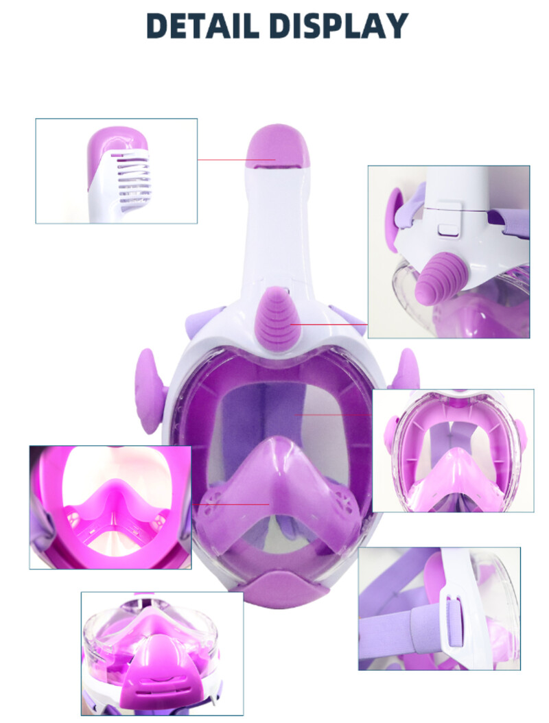 Maska za ronjenje Dječja maska za ronjenje s punim licem i panoramskim pogledom od 180°, dužom ventilacijskom cijevi, vodootporna, protiv zamagljivanja, protiv curenja