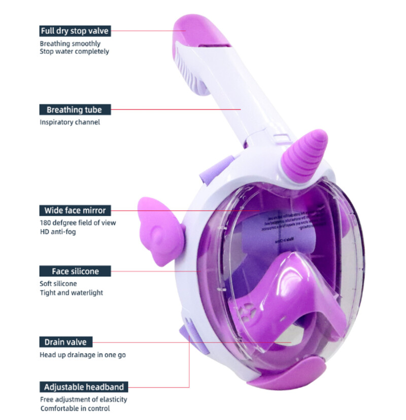 Maska za ronjenje Dječja maska za ronjenje s punim licem i panoramskim pogledom od 180°, dužom ventilacijskom cijevi, vodootporna, protiv zamagljivanja, protiv curenja