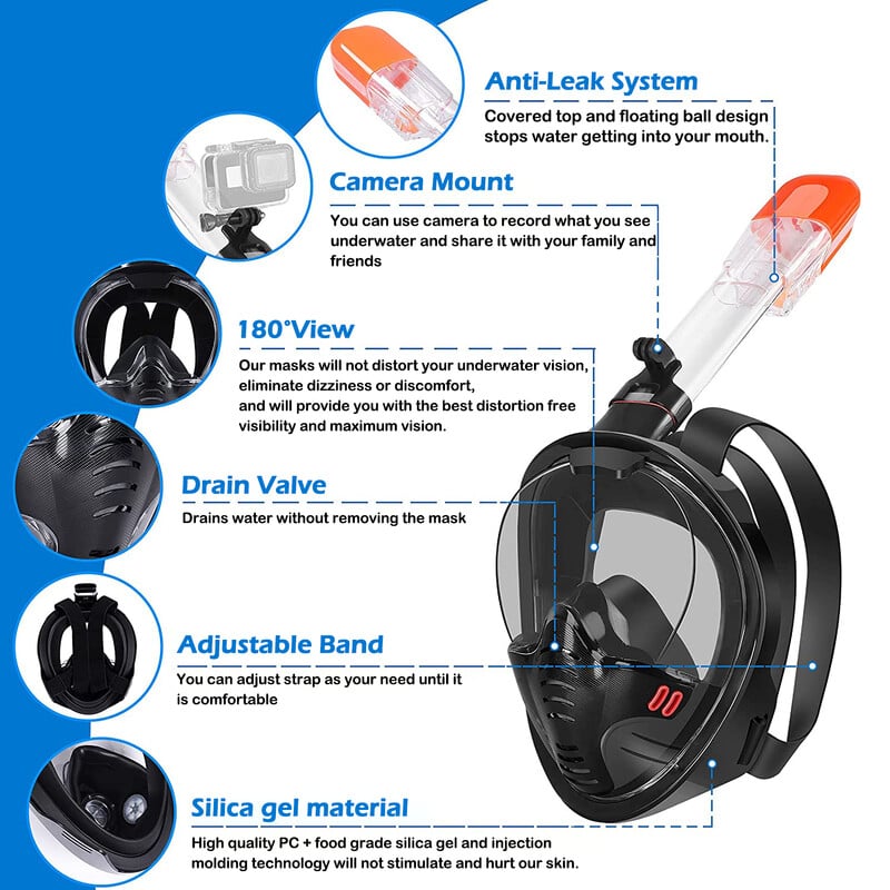 1kom maska za ronjenje s disalicom za cijelo lice, odvojiva ronilačka maska protiv magljenja, s podesivim naramenicama