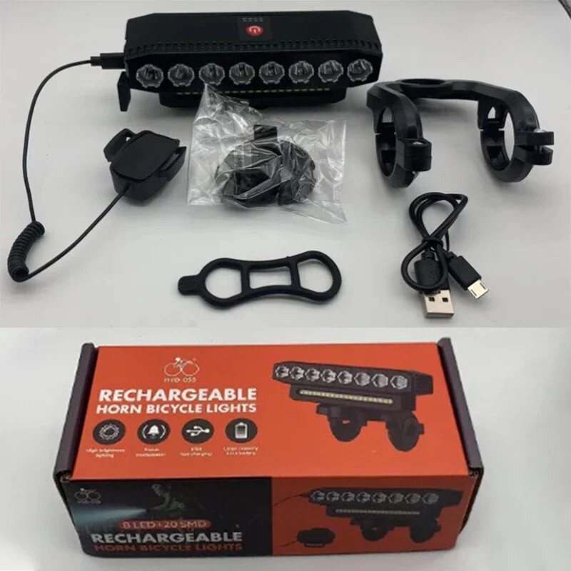 8 LED-uri pentru biciclete, 4000 mAh, lampă frontală, baterie încorporată, far pentru bicicletă, cu claxon, reîncărcabilă MTB, pentru ciclism pe drum, clopote pentru lanternă