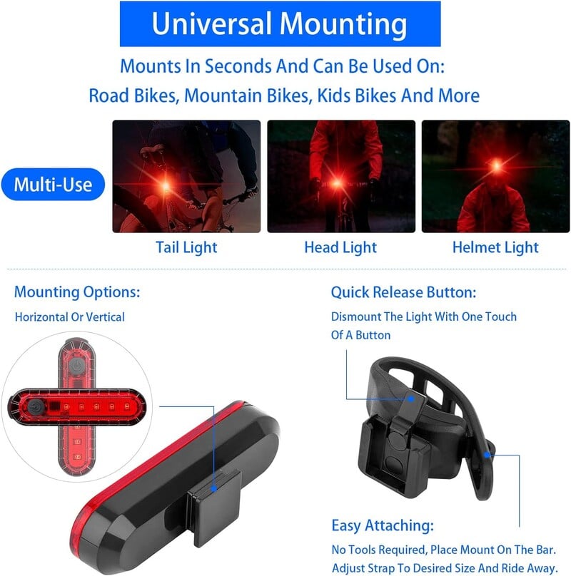 Stražnje stražnje svjetlo za bicikl USB punjiva crvena LED svijetla stražnja svjetla pristaju na bilo koji bicikl/kacigu Lako se postavljaju za sigurnost u vožnji bicikla