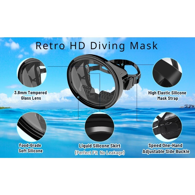 Mască de scufundări retro pentru adulți, mască de pescuit sub apă, sticlă securizată HD, anti-aburire, excelentă pentru activități acvatice