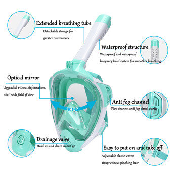 Μάσκα με αναπνευστήρα για ολόκληρο το πρόσωπο με αποσπώμενη βάση κάμερας, μάσκα κατάδυσης κολύμβησης με αναπνευστήρα, ευρεία όψη κατά της ομίχλης κατά των διαρροών για ενήλικες
