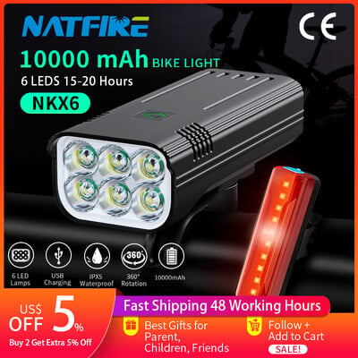 NATFIRE 10000 mAh velosipēda lukturis lietus necaurlaidīgs USB uzlādējams LED velosipēda gaisma īpaši spilgts lukturis riteņbraukšanai priekšējais/aizmugurējais lukturis