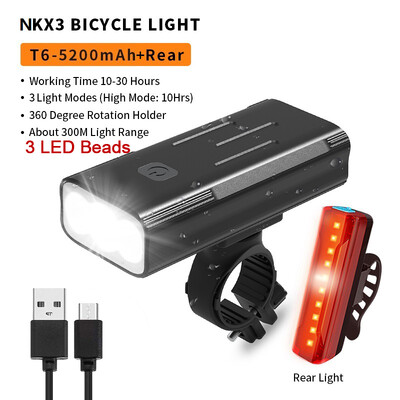 Lampă pentru bicicletă NATFIRE 10000 mAh, fară pentru bicicletă, rezistentă la ploaie, reîncărcabilă prin USB, pentru bicicletă, lanternă super luminoasă pentru ciclism. Lumină față/spate