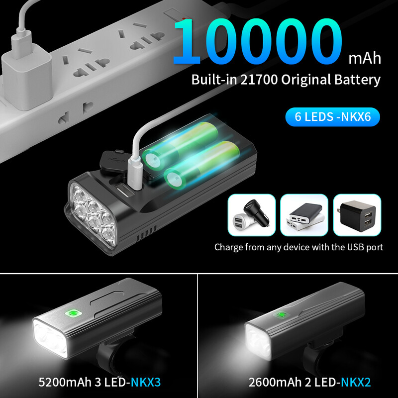 Lampă pentru bicicletă NATFIRE 10000 mAh, fară pentru bicicletă, rezistentă la ploaie, reîncărcabilă prin USB, pentru bicicletă, lanternă super luminoasă pentru ciclism. Lumină față/spate