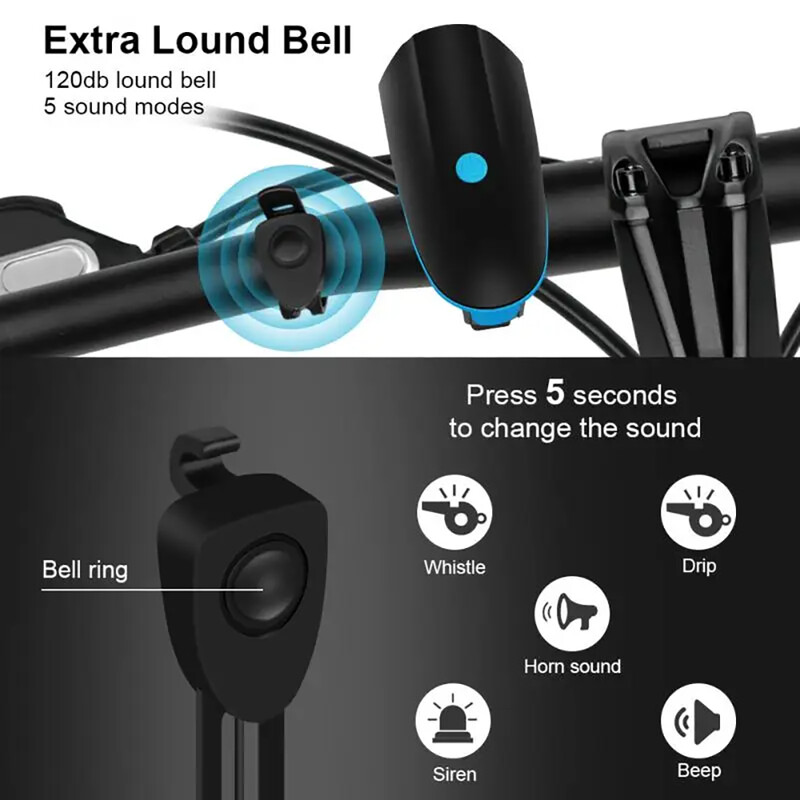Predné svetlo na bicykel s elektrickým hlasným klaksónom, ultra jasné svetlo pre elektrobicykel, baterka, LED, vodotesný výškový reproduktor, bezpečnostný výstražný zvonček
