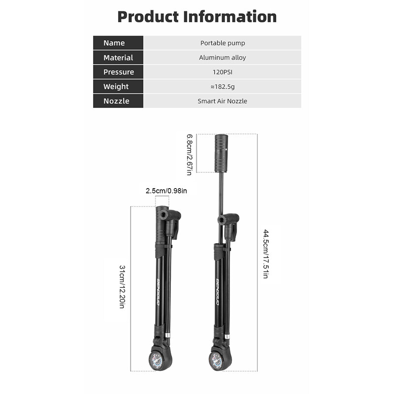 BENGGUO prijenosna pumpa za napuhavanje guma za bicikle za biciklizam pod visokim pritiskom - mjerač + univerzalna kompatibilnost