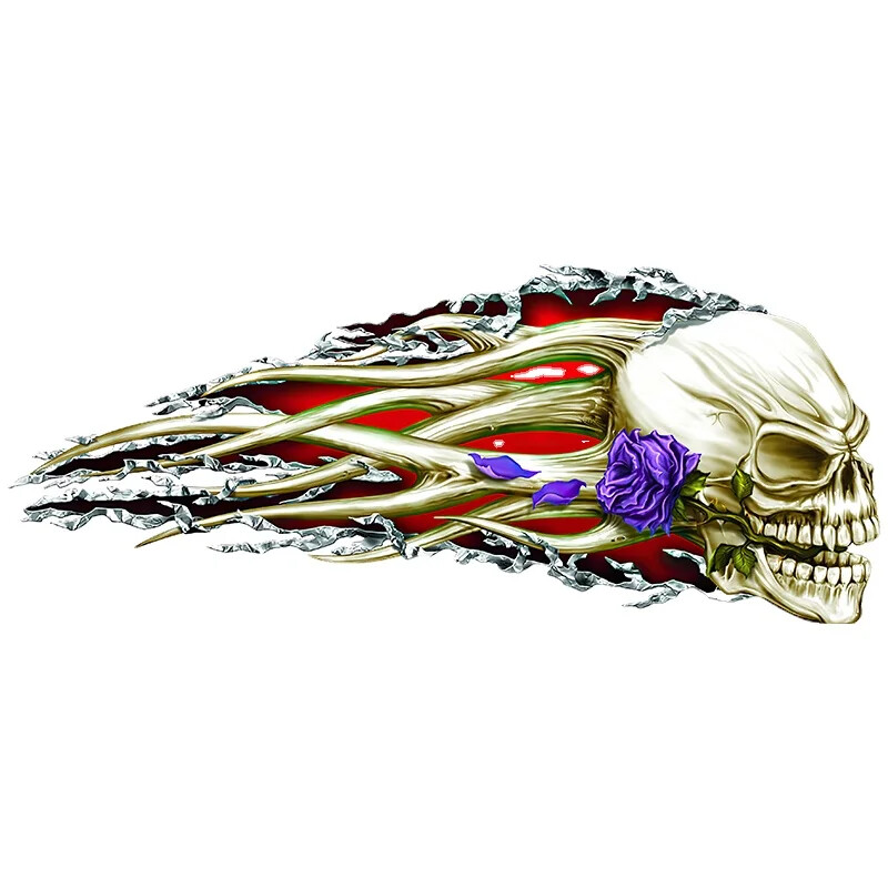 OFK 3D Hellion Tear Skull Vatrena ruža Ogrebotine Pokidane metalne naljepnice za automobil Ogrebotine na poklopcu PVC naljepnice za prtljažnik.