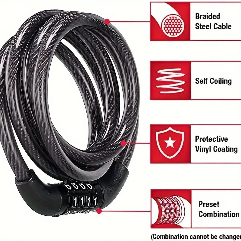Protuprovalna kodna brava za bicikl, sklopiva 4-znamenkasta lozinka, kombinirana biciklistička brava, sigurnosna brava za bicikl otporna na čeličnu žicu od 1 m