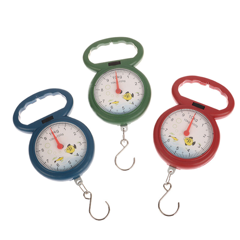 Naujos 1 vnt nešiojamos žuvų svarstyklės 10 kg kablio pakabinamos svarstyklės Mini spyruoklinės svarstyklės žvejybai apsipirkti kelionės bagažo svarstyklės atsitiktinės
