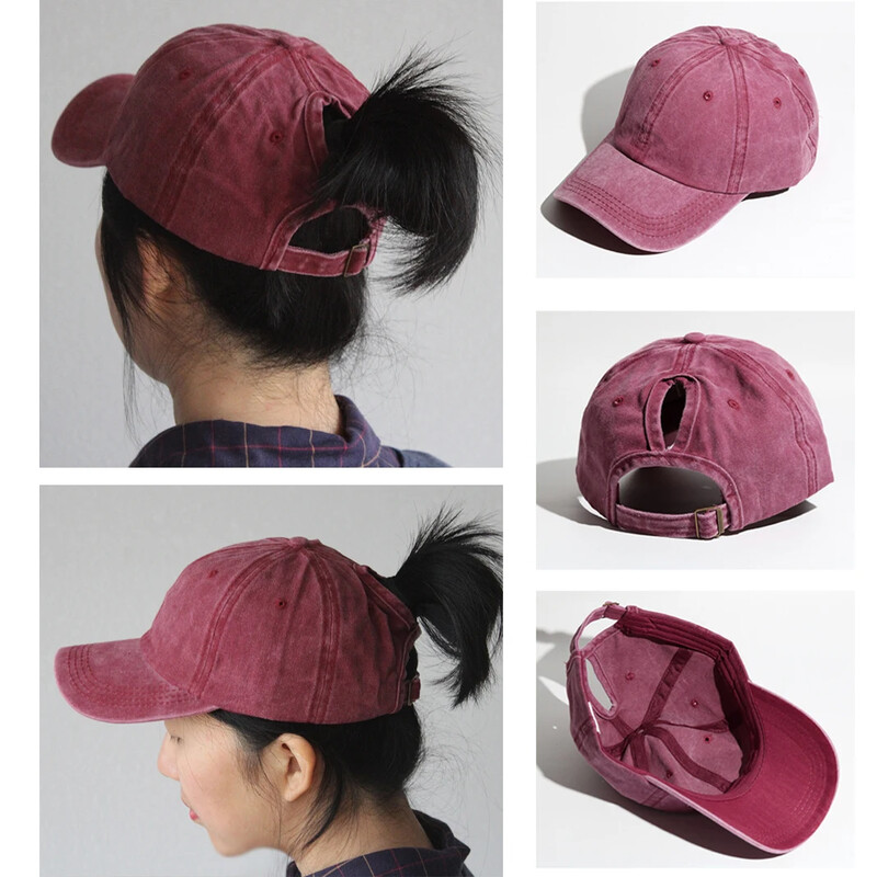 Vintage lófarok női baseball sapka tiszta színű puha mosott pamut napozósapkák női rendetlen magas konty női sapkák