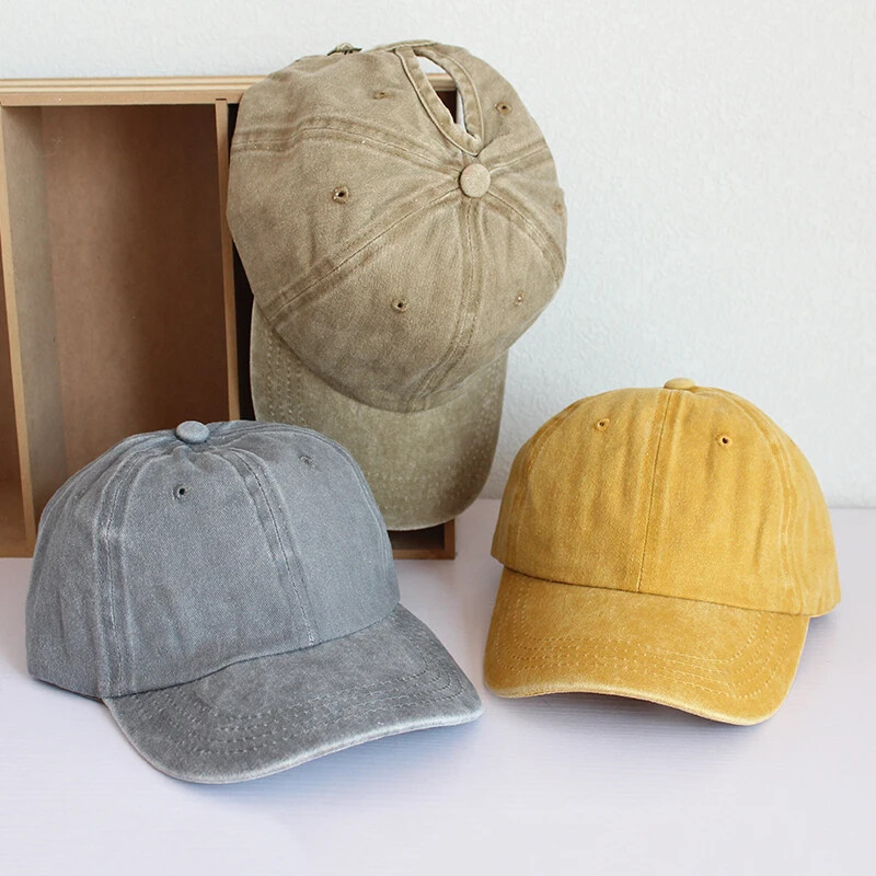 Vintage lófarok női baseball sapka tiszta színű puha mosott pamut napozósapkák női rendetlen magas konty női sapkák