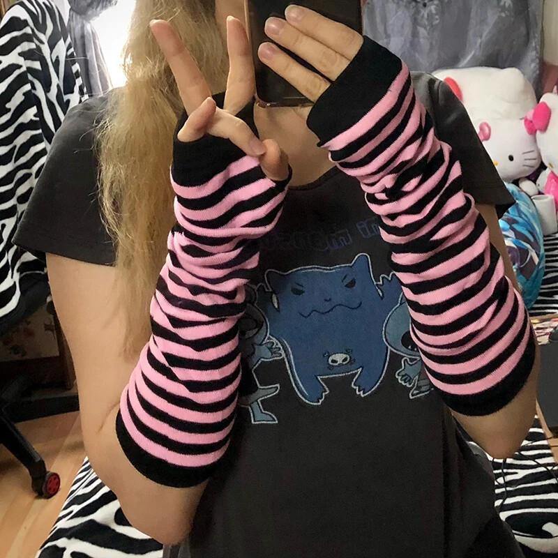 Punk zimske tople rukavice dugih rukava gotičke muške ženske pruge bez prstiju hip-hop pletene rukavice do laktova elastične vanjske toplije ruke