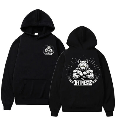 Fitnesa džemperis, vīriešu sporta zāles treniņu džemperis ar apdruku Vilkacis kultūrists ar kapuci