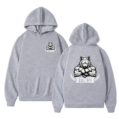 Fitnesa džemperis, vīriešu sporta zāles treniņu džemperis ar apdruku Vilkacis kultūrists ar kapuci
