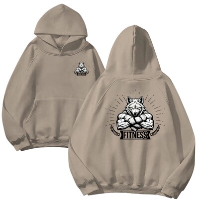 Fitnesa džemperis, vīriešu sporta zāles treniņu džemperis ar apdruku Vilkacis kultūrists ar kapuci