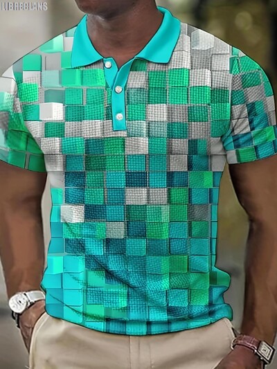3D мъжка поло тениска с щампа на каре Лятна нова мъжка тениска с къс ръкав с голям размер Модно леко, удобно и дишащо горнище