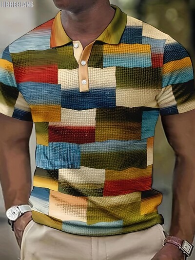 3D мъжка поло тениска с щампа на каре Лятна нова мъжка тениска с къс ръкав с голям размер Модно леко, удобно и дишащо горнище