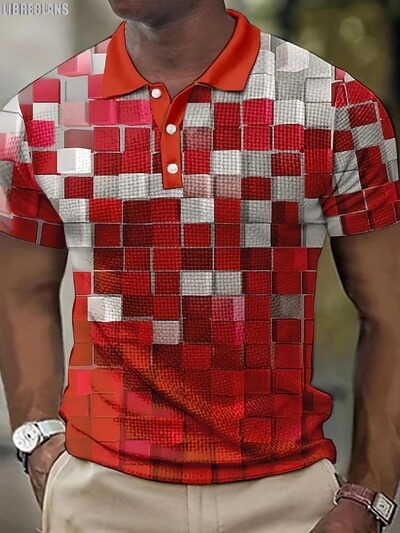 3D мъжка поло тениска с щампа на каре Лятна нова мъжка тениска с къс ръкав с голям размер Модно леко, удобно и дишащо горнище