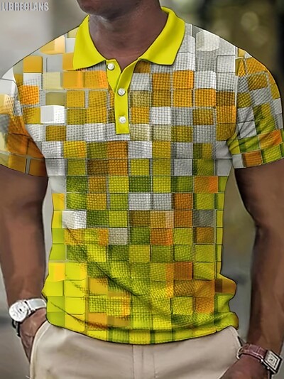 3D мъжка поло тениска с щампа на каре Лятна нова мъжка тениска с къс ръкав с голям размер Модно леко, удобно и дишащо горнище