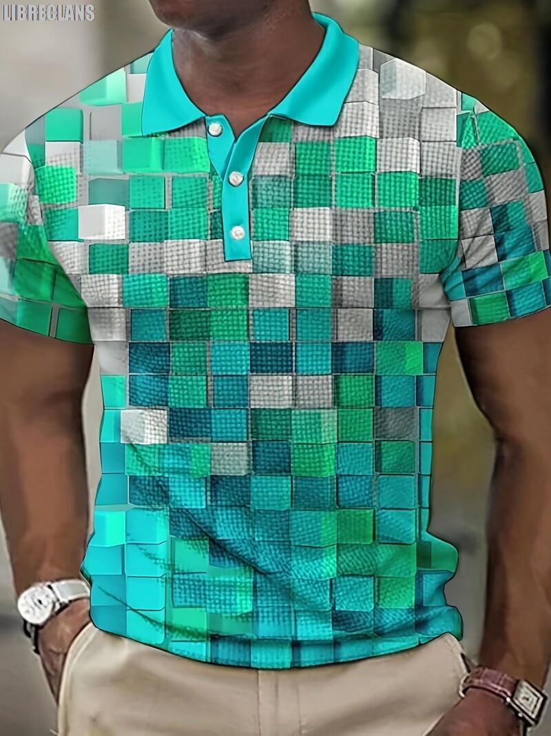 3D мъжка поло тениска с щампа на каре Лятна нова мъжка тениска с къс ръкав с голям размер Модно леко, удобно и дишащо горнище