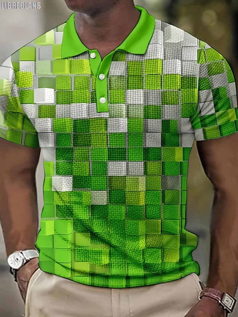 3D мъжка поло тениска с щампа на каре Лятна нова мъжка тениска с къс ръкав с голям размер Модно леко, удобно и дишащо горнище