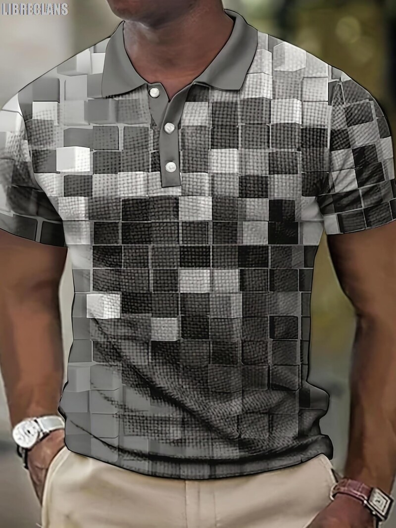 3D мъжка поло тениска с щампа на каре Лятна нова мъжка тениска с къс ръкав с голям размер Модно леко, удобно и дишащо горнище