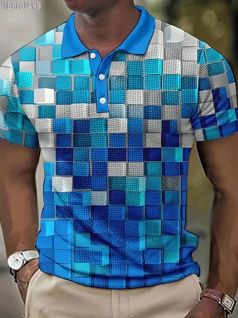 3D мъжка поло тениска с щампа на каре Лятна нова мъжка тениска с къс ръкав с голям размер Модно леко, удобно и дишащо горнище