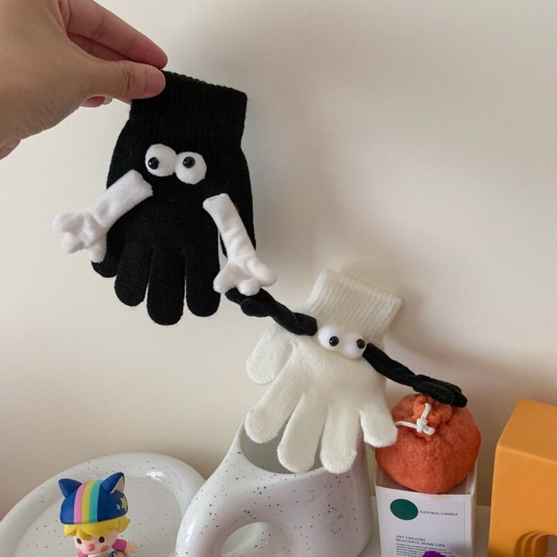 Κούκλα με μεγάλα μάτια χέρι-χέρι Μαγνητικά πλεκτά γάντια Οθόνη αφής Ζεστή μαγνητική μαθητική πλεκτά γάντια αστεία ανοιχτά δάχτυλα
