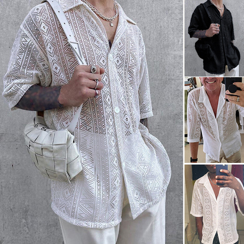 2024 summer new solid color shirt foreign trade fashion sexy men`s medium sleeve European and American transparent lace shirt