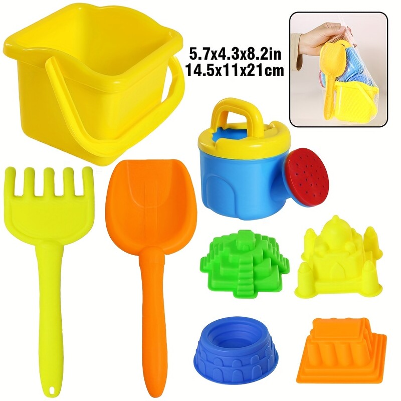 Jucării de plajă pentru copii 8 seturi de jucării de plajă, inclusiv găleți pentru nisip, greble, lopeți, 4 forme de nisip și sticle de apă - pentru copii