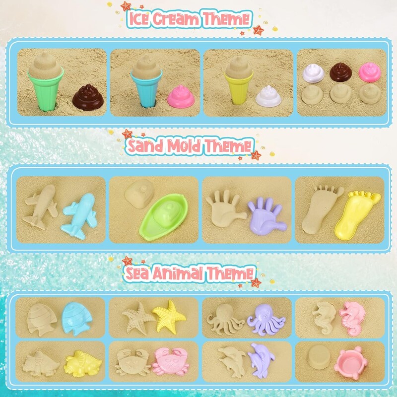 Set igračaka za plažu od 20 komada za malu djecu, djevojčice, sklopive kante za pijesak, lopate, set mrežaste vrećice, kalupi za pijesak, sladoled, putne igračke za pijesak