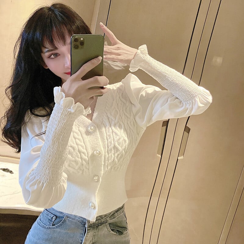 Spring Autumn Women`s French Style Puff Sleeve Knitted Cardigan Slim Fit Short Sweater Jacket