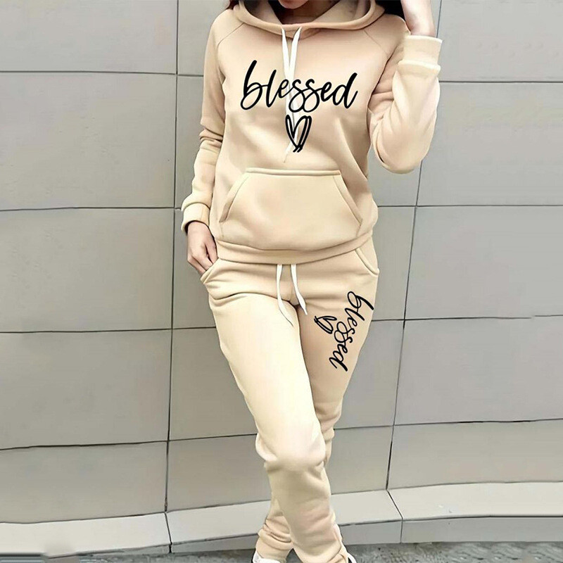 Дамски ежедневен спортен костюм с качулка, модерен суичър от полар, външнотърговски дамски суичър, костюм с щампа на сърце с букви