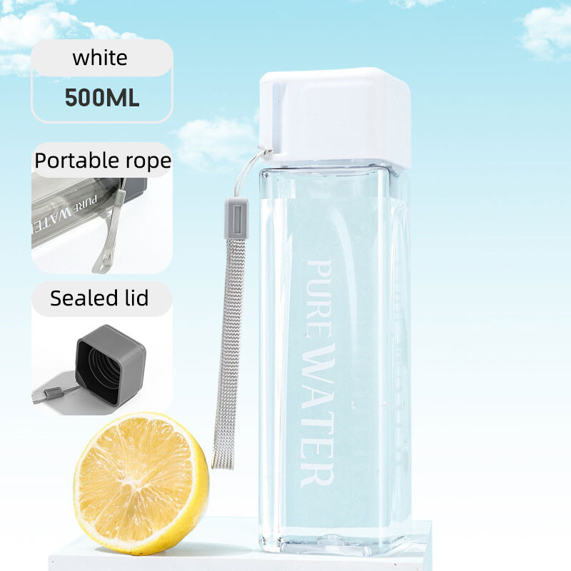 480 ml, 1 bucată pahar pătrat transparent din plastic Mate, sticlă portabilă de apă cu cablu de lapte pentru sporturi în aer liber.