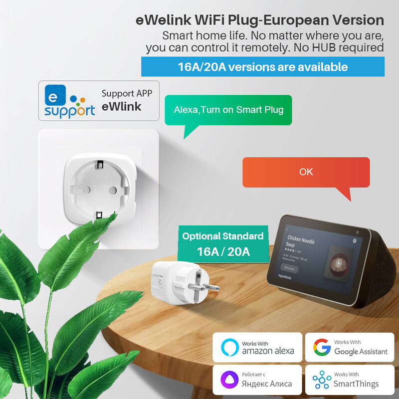 Priză inteligentă eWelink 16A/20A WiFi Priză UE cu funcție de sincronizare de monitorizare a puterii Suport Alexa Google Home Alice SmartThimgs IFTT