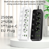 EU Plug Power Strip 2/3/4/5 Position Ανεξάρτητη υποδοχή ελέγχου με 2 θύρες USB 1 Type-C Ηλεκτρικές πρίζες καλωδίου επέκτασης 2m