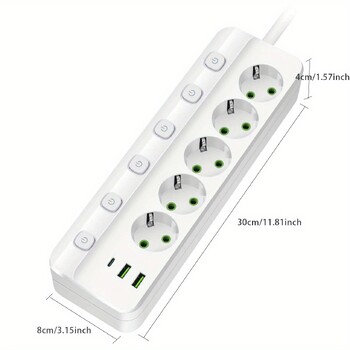 EU Plug Power Strip 2/3/4/5 Position Ανεξάρτητη υποδοχή ελέγχου με 2 θύρες USB 1 Type-C Ηλεκτρικές πρίζες καλωδίου επέκτασης 2m