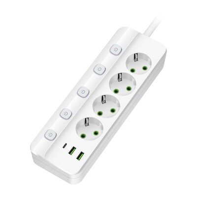 EU Plug Power Strip 2/3/4/5 Position Ανεξάρτητη υποδοχή ελέγχου με 2 θύρες USB 1 Type-C Ηλεκτρικές πρίζες καλωδίου επέκτασης 2m
