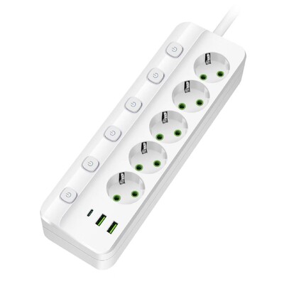 EU Plug Power Strip 2/3/4/5 Position Ανεξάρτητη υποδοχή ελέγχου με 2 θύρες USB 1 Type-C Ηλεκτρικές πρίζες καλωδίου επέκτασης 2m