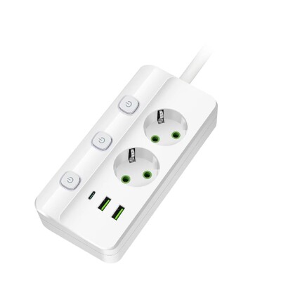 EU Plug Power Strip 2/3/4/5 Position Ανεξάρτητη υποδοχή ελέγχου με 2 θύρες USB 1 Type-C Ηλεκτρικές πρίζες καλωδίου επέκτασης 2m