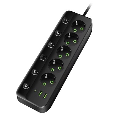 EU Plug Power Strip 2/3/4/5 Position Ανεξάρτητη υποδοχή ελέγχου με 2 θύρες USB 1 Type-C Ηλεκτρικές πρίζες καλωδίου επέκτασης 2m
