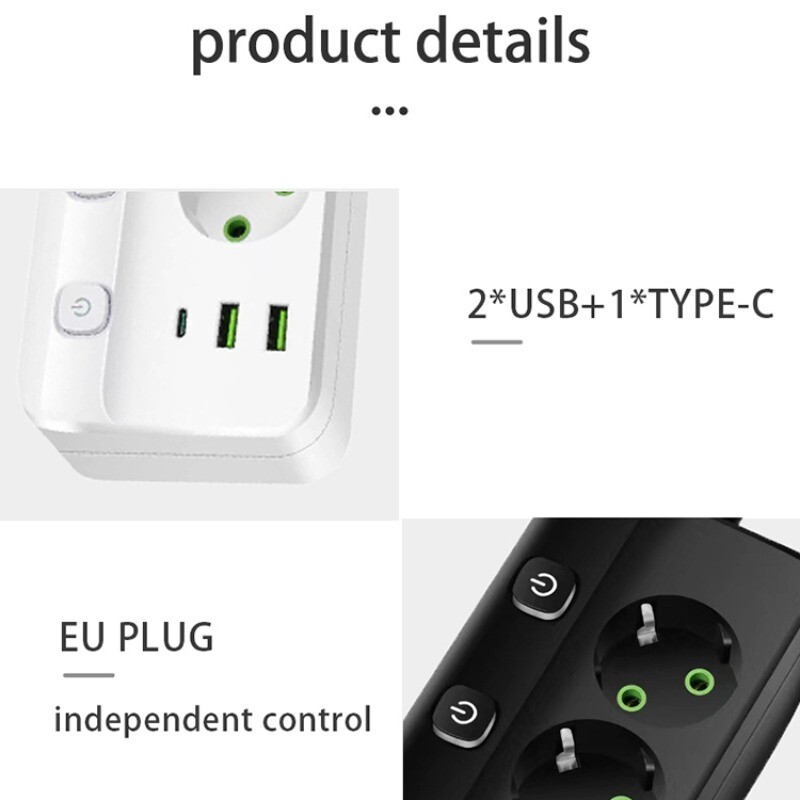 EU Plug Power Strip 2/3/4/5 Position Ανεξάρτητη υποδοχή ελέγχου με 2 θύρες USB 1 Type-C Ηλεκτρικές πρίζες καλωδίου επέκτασης 2m